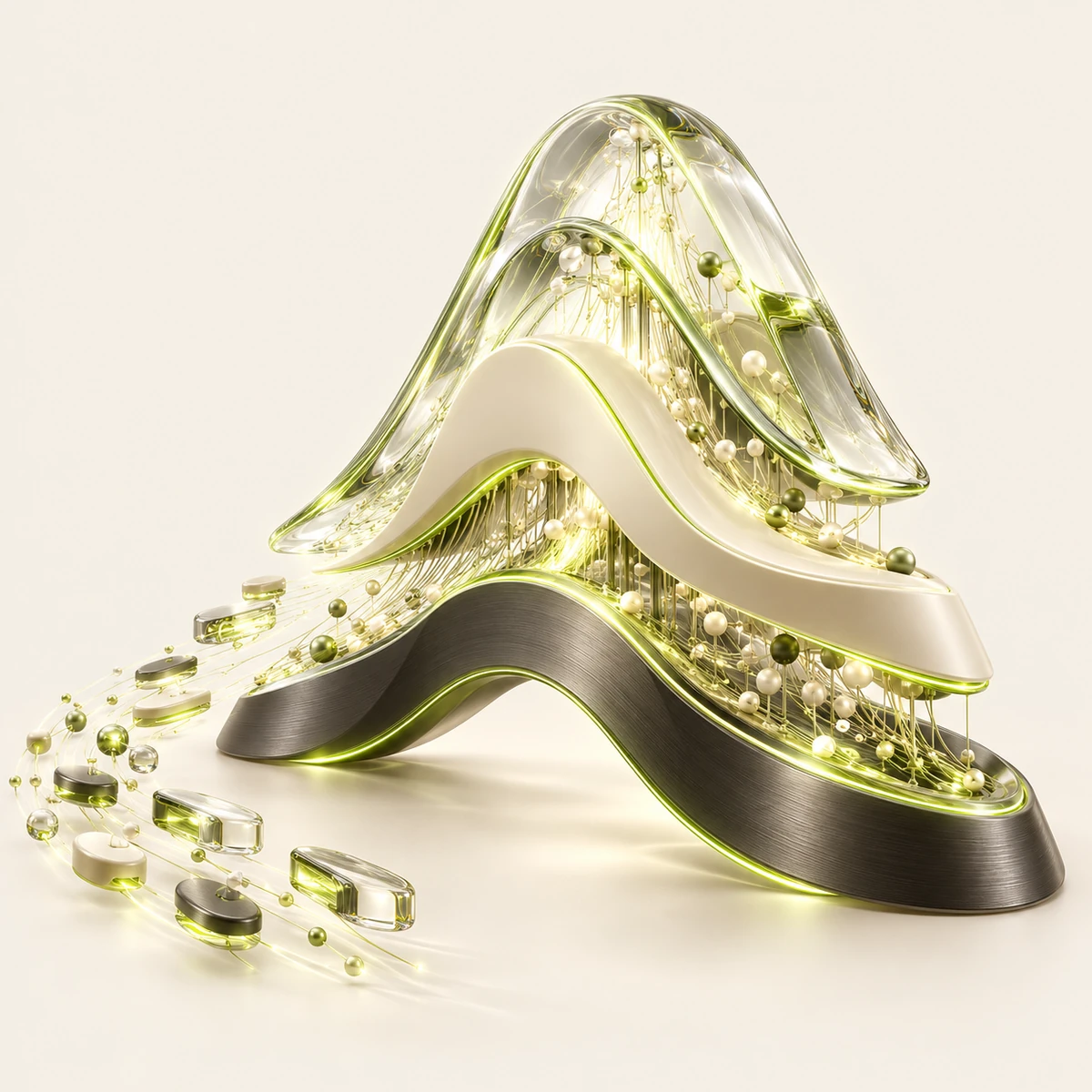 Sculptural layers of glass and graphite connected by luminous lime pathways